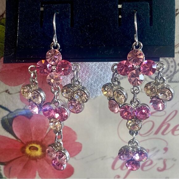Pink and Silver Cluster Drop Earrings Elegant Sparkly Dangle Style - Picture 2 of 6
